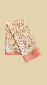 French Rose Pink Floral and Bird Pattern Fancy Georgette Saree